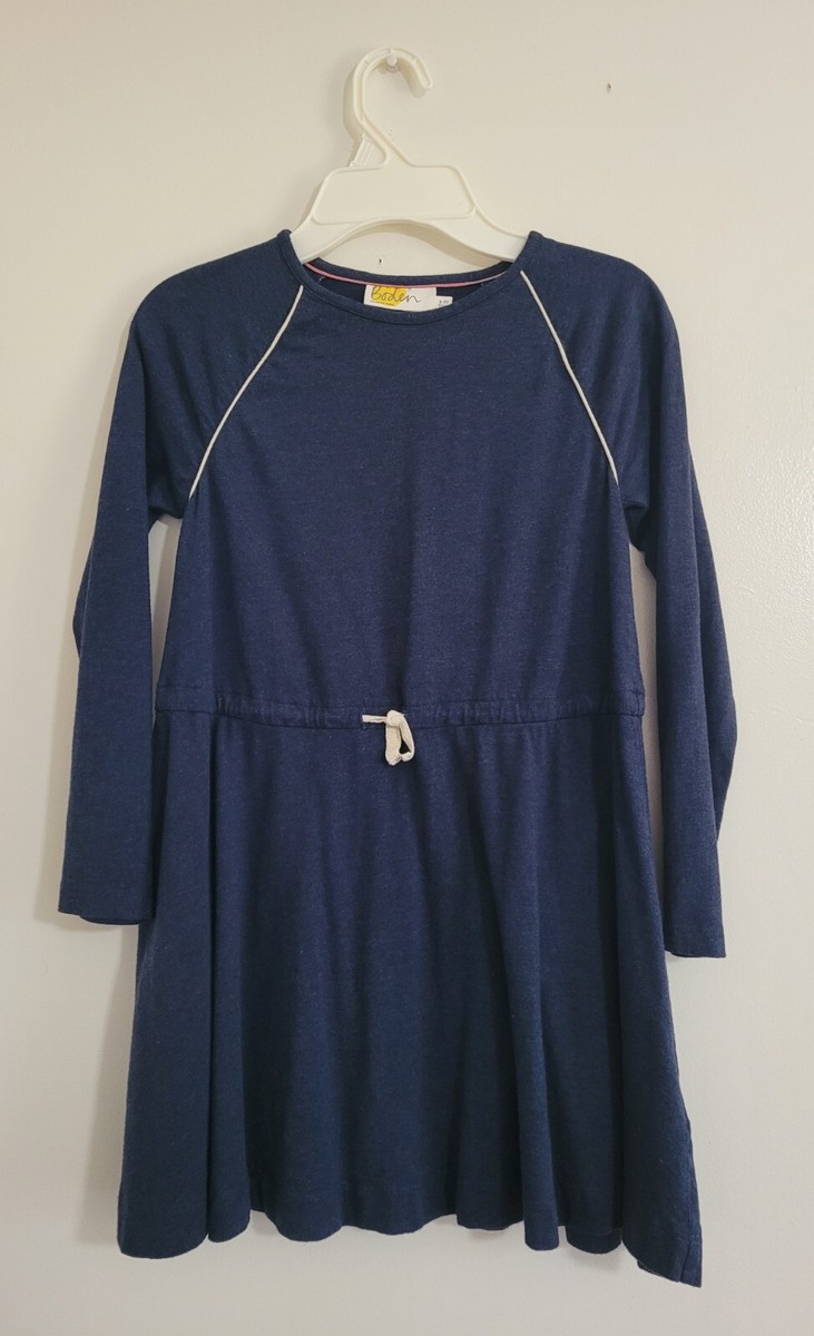 boden skater dress Boden Girls 8-9 Y Blue Long Sleeves Drawstring Waist Gold Trim Skater Dress