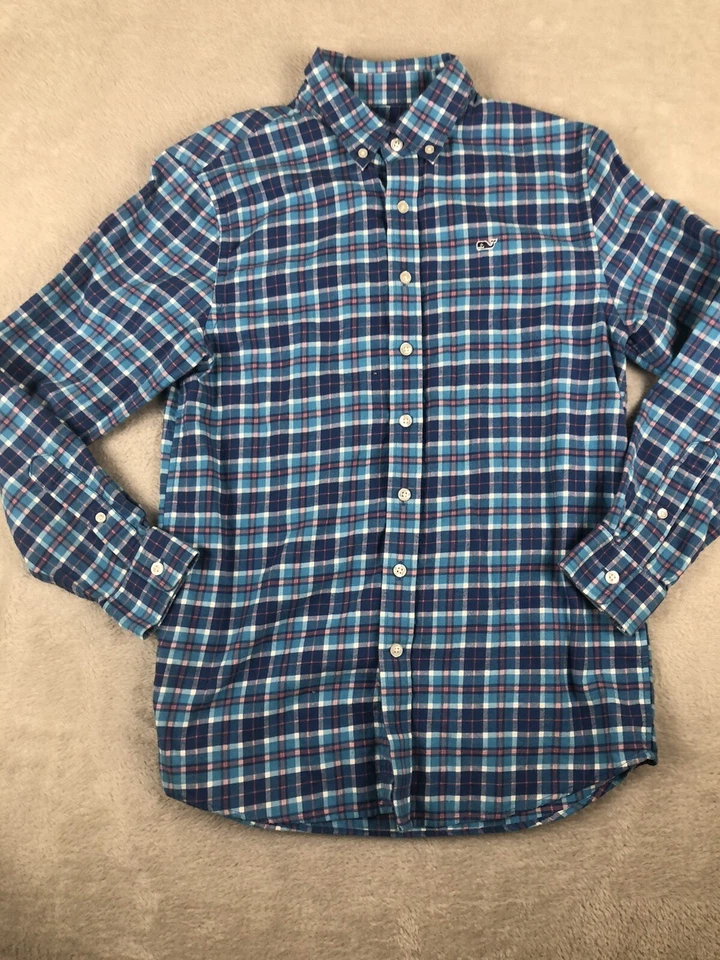 Vineyard Vines Shirt Boy Large Blue Plaid Flannel Button Down Whale Logo Kids - Image 4 of 4
