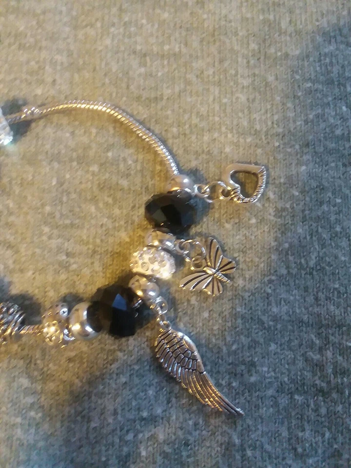 Charm Bracelet, Silver Tone, Butterfly,  Wing, Heart,  Horse Shoe, ... - Image 2 of 4