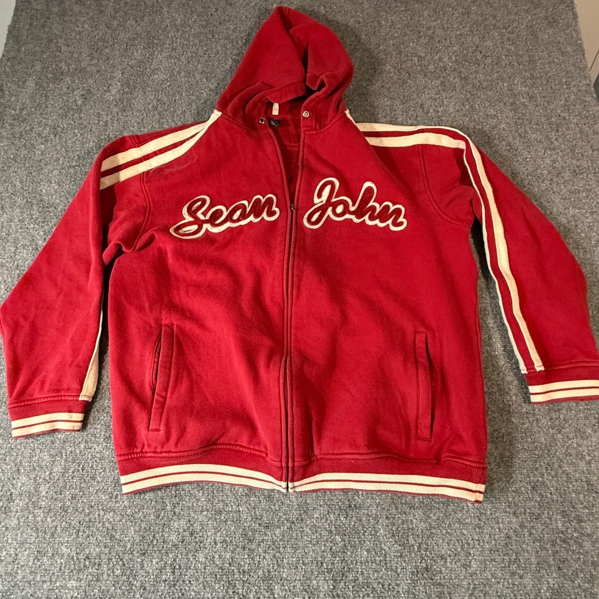 Sean John Mens Full Zip Hoodie Large Script Logo Athletic Stripe