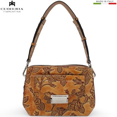 Cuoieria Fiorentina Italian Tuscan Ochre leather crossbody bag floral pattern