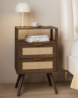 Joonee Rattan Nachttisch Bauernhaus Nachttisch 2 Schubladen und offenes Holz - Bild 1 von 4