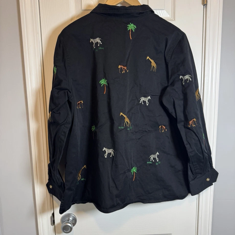 Chaqueta Quaker Factory XL Negra Bordada Estampado Animal Selva Zoo Palma Cremallera Completa Foto 4 de 4