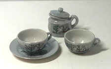 Child's China Tea Set, 5 Piece Miniature, Winter Scene, Japan, Gray and Red
