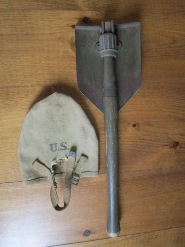 Vtg Military Folding Shovel 1943 WW2 Olive Drab Green Wooden Handle WW1 1918 Bag