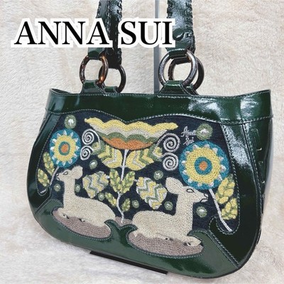 ANNA SUI Deer Embroidery Tote Bag Dark Green Enamel Leather Vintage Rare