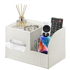 PU Leather Tissue Box Cover with Storage Tray, Cube Facial Tissue Holder White