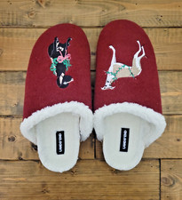 Lands End Women's 9B Sherpa Lined Clog House Slippers Burgundy Multi Dogs