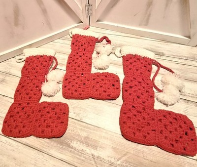 Vintage Lot of 3 Granny Square Christmas Stockings Red/White Loops For Hanging