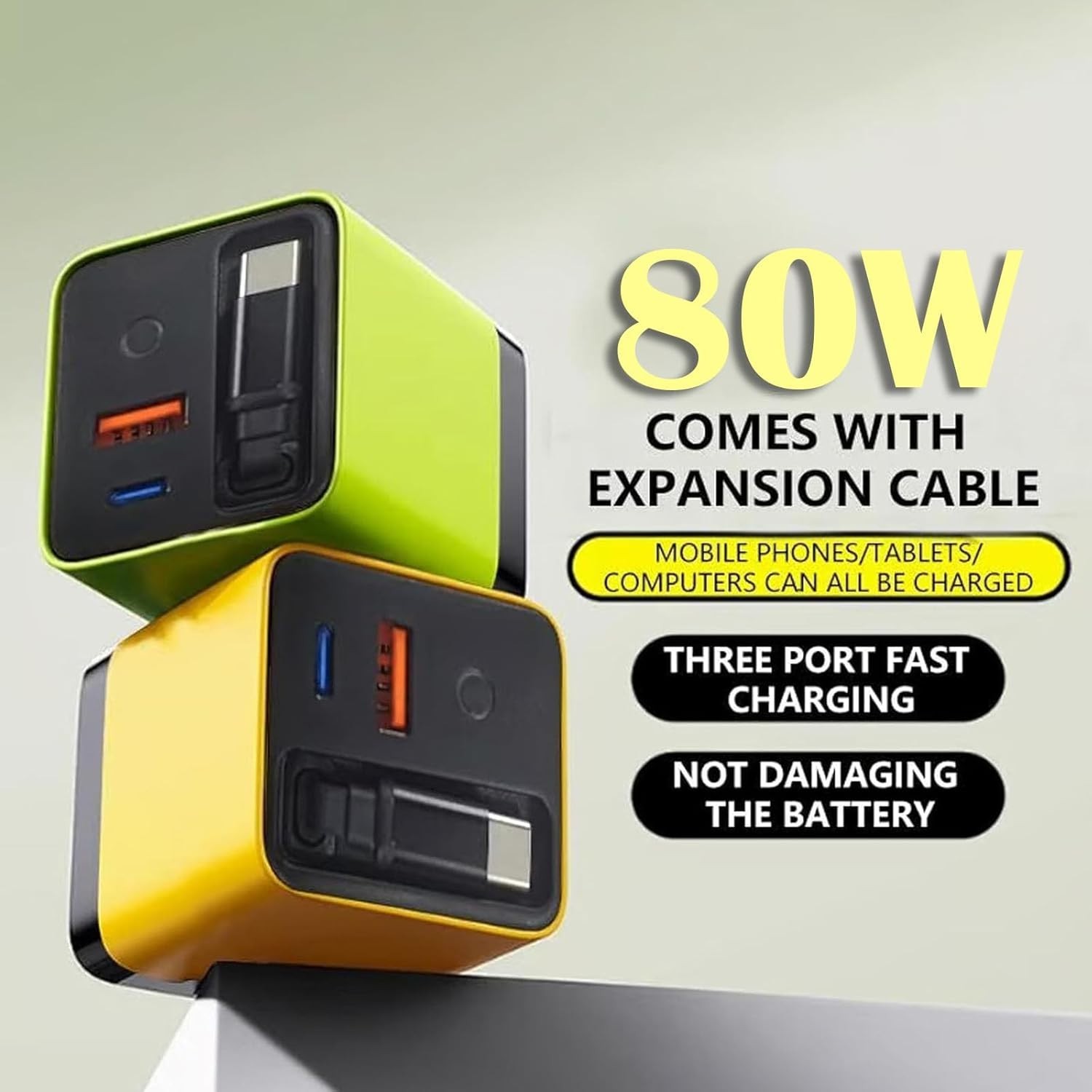 3 in 1 GaN Charger, 80 Watt All in One Charger Retractable with Type C Cable ...