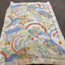 Baby Vintage multicolored flannel blanket puppies Teddy Bear Rainbow Satin Trim
