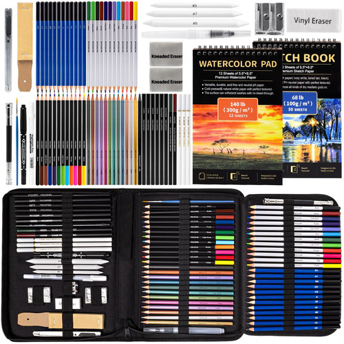 Art Supplies Drawing Pencils Set - 76 Pack Pro Sketching Kit with Sketchbook & W