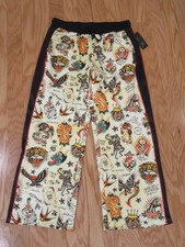 Ed Hardy Womens Shrunken Flashboard Wide Leg Pants Tattoo Skull Tiger Large NWT