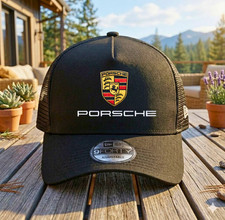 Black Mesh Porsche Racing Trucker Hat Embroid...