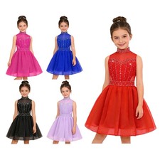 Kids Girls Tulle Sequin Ball Gowns Bridesmaid Dress Communions Rhinestone Prom