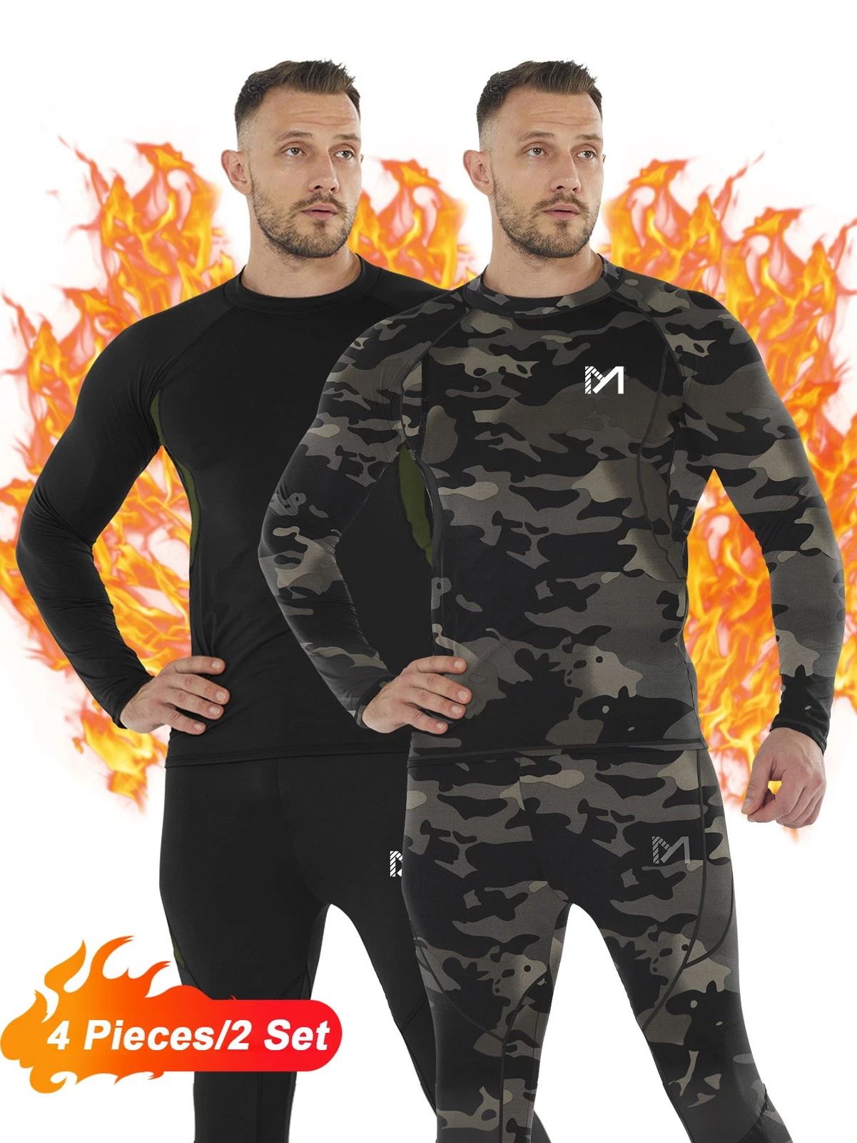 2 Set Men Thermal Underwear Fleece Lined Long Johns Winter Base Layer Top Bottom