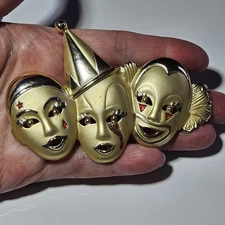 Vintage AJC Signed Triple Clown Gold Tone Enamel Theater Mask Faces Brooch Pin