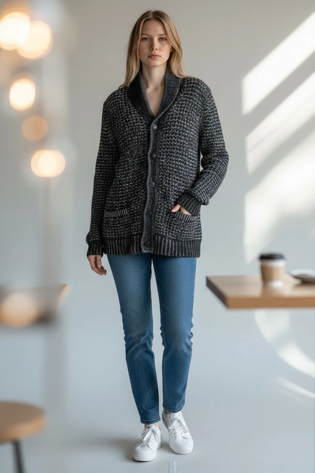 Rag & Bone Neiman Marcus Target Cardigan XL WOOL & Cotton Black Gray Preppy - Image 2 of 4