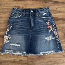Abercrombie Fitch Denim Skirt Women 24 Floral Embroidered Distressed Y2k Retro