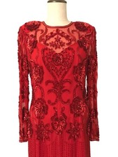 Vintage Red Sequin Gown Scala Silk Evening Dress Beaded Long Sleeve Formal