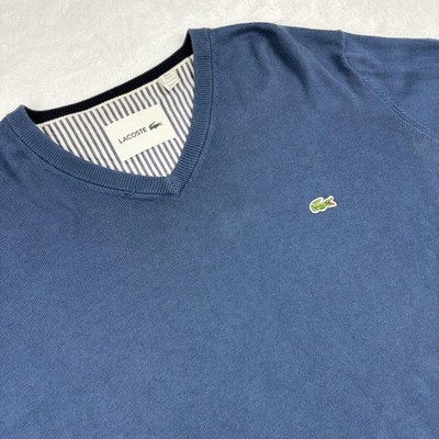 Lacoste Pullover Mens XL Blue V-Neck 100% Cotton Lightweight Logo Classic