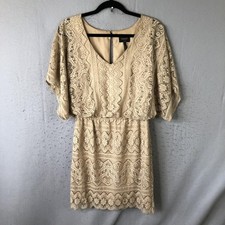 Laundry By Shelli Segal Dress Womens 4 Beige Lace Blouson Kimono Sleeve Mini