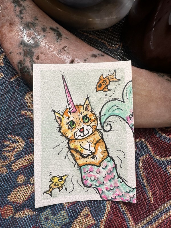 ACEO Art Card Original Mixed 2.5in x 3.5in MagicMolly11 Plum Mermaid Unicorn Cat
