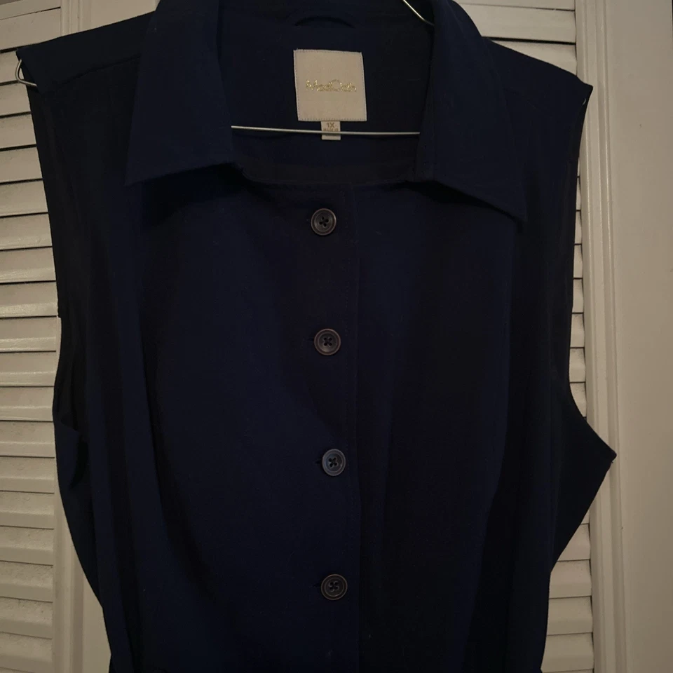 MODCLOTH Women’s Dress 1X Navy Blue Buttons Pockets Tie Sleeveless Knee Heavy - Image 3 of 4