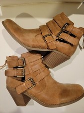 Womens Guess Light Brown Leather buckle Booties, Size 8, new w defects, read