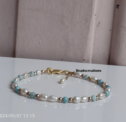 3mm White Pearl and Larimar Beads Beaded Jewelry Larimar Bracelet Gift Her - Picture 1 of 5