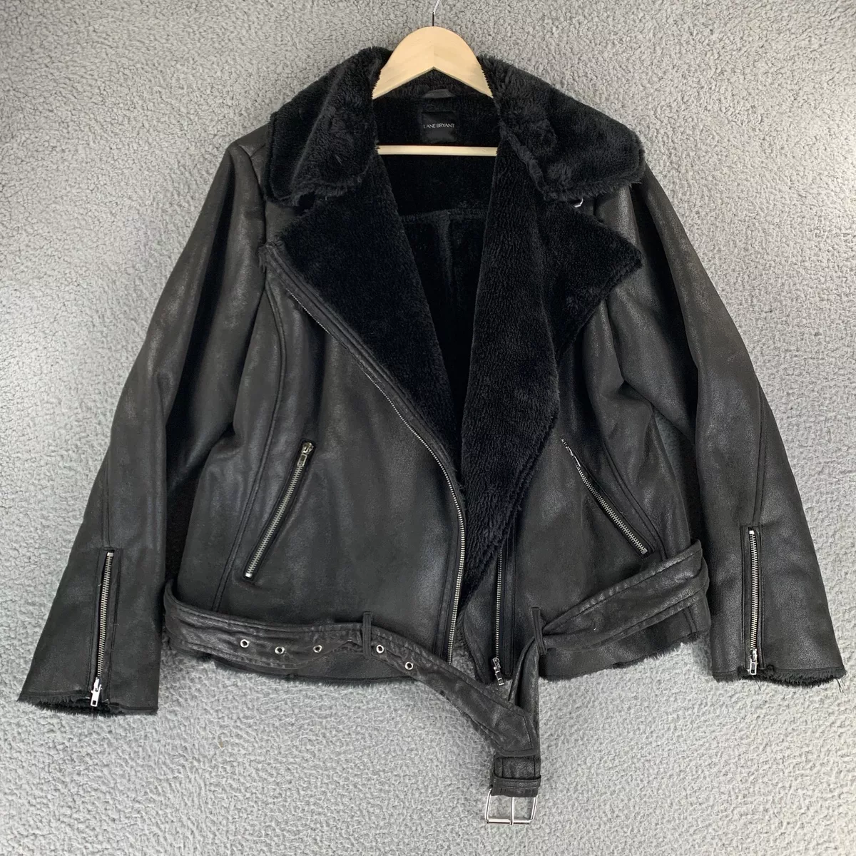 Lane Bryant Jacket 14 Sherpa Moto Zip Black Metallic Belt Buckle