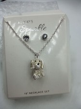 SILVER TONE SPARKLEY PUPPY NECKLACE 18" CHAIN AND EARRING SET
