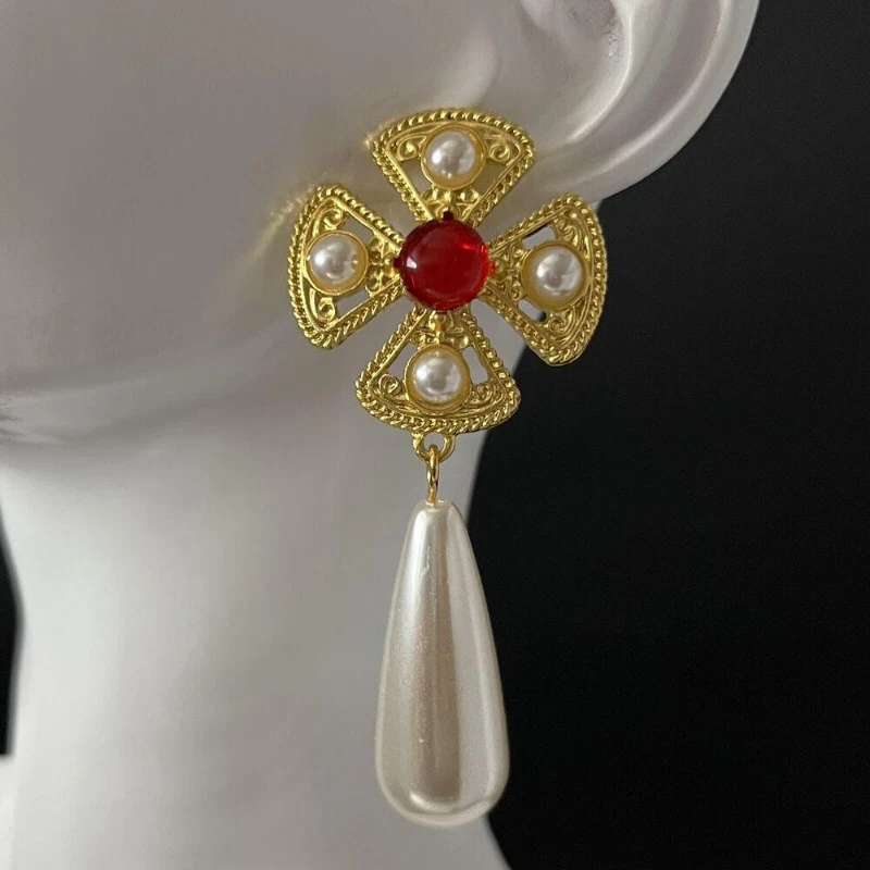 Cross Earrings Faux Pearl Dangle Drop Gold Red Mogul Pierced - Image 3 of 4