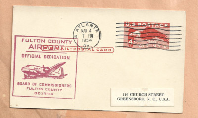 First Aircard FIRST FLIGHT DEDICATION FULTON COUNTY AIRPORT MAR 4,1954 ATLANTA AIR ...
