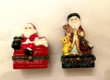 2 Hinged Trinket Boxes Santa and Old Saint Nick Holding bag of Christmas Gifts