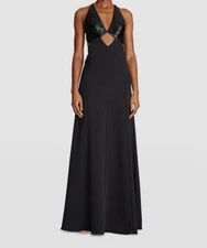$595 Halston Women's Black Sequin Cutout Macie Gown Dress Size 10