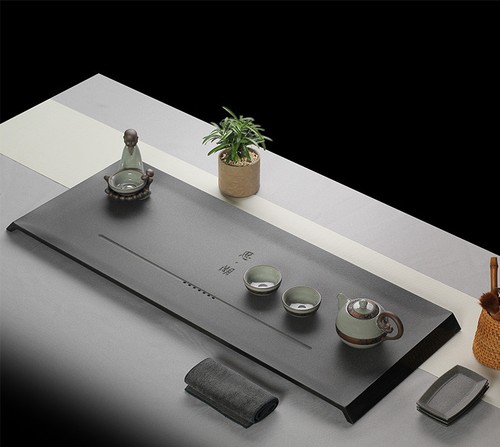 Complete Stone Weighted Tea Tray Chinese Words Carved Black Stone Tea Table Big - Picture 10 of 15