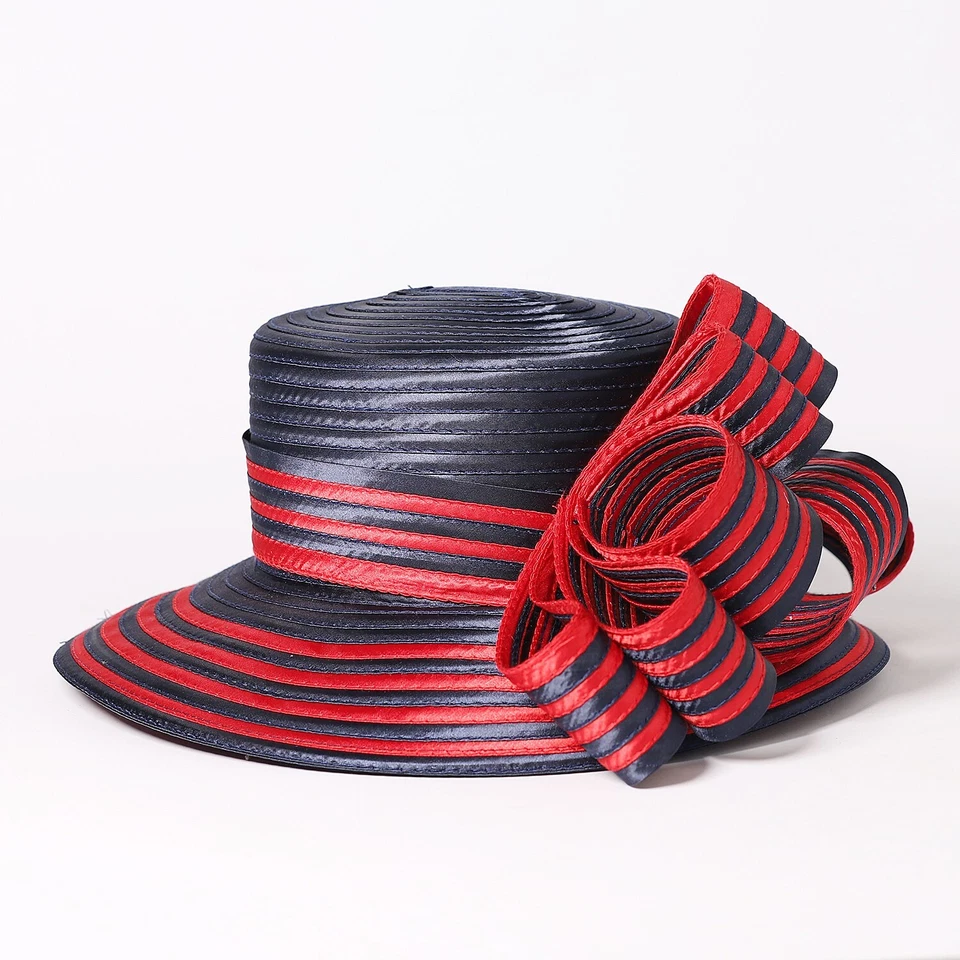 Chapéu Fedora Derby Boater azul marinho aba grande listra cetim fascinadores chapéus femininos - Imagem 3 de 4