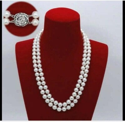 Double Strand AAAA 9-10mm Natural round Akoya White Pearl Necklace 24 inch 925s