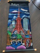 Vintage 70's?? Painted Art Cloth of Tokyo Japan Icons Wall Hanging PERFECT W/BOX