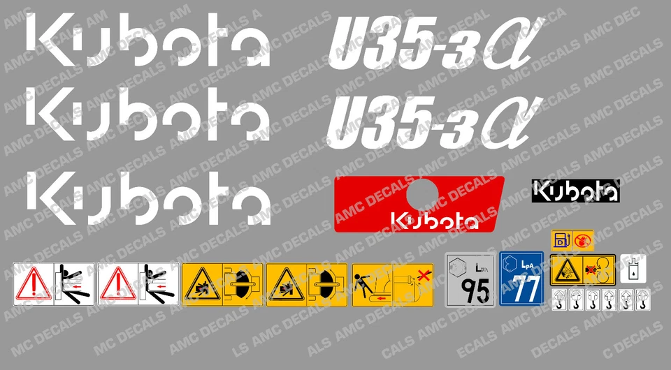Kubota U35-3 Mini Bagger Komplette Aufkleber Satz mit Sicherheit Warnzeichen