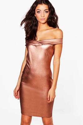 BOOHOO BELLE METALLIC SILBER BRONZE SCHULTERFREI BODYCON MINIKLEID 10 12 HOCH