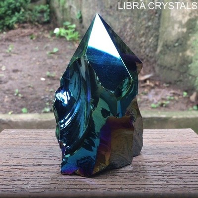 Titanium Aura Obsidian Tower Point Crystal Flame Polished Rainbow Black 548g