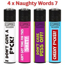 4 Clipper Lighters NAUGHTY WORDS 7 Design Full Set Rare Gas Refillable Flint UK