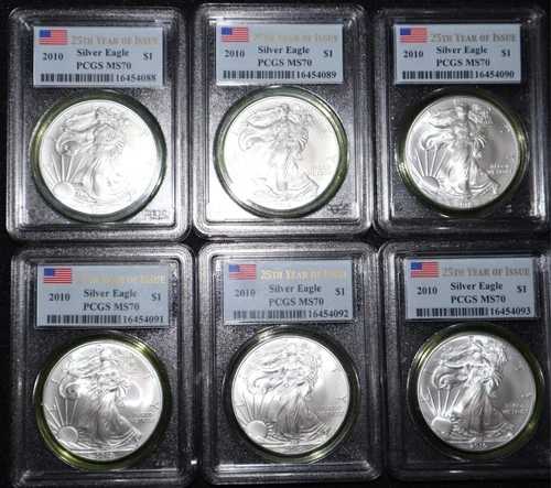 2010 AMERICAN SILVER EAGLE PCGS MS70 FLAG LABEL 25TH YEAR OF ISSUE [LOT OF 6]