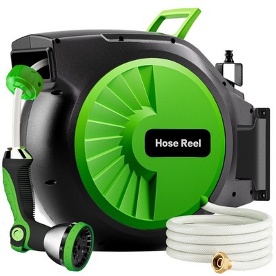 Retractable Garden Hose Reel 100FT x 1/2 in, Wall Mount Water Hose Reel for O...