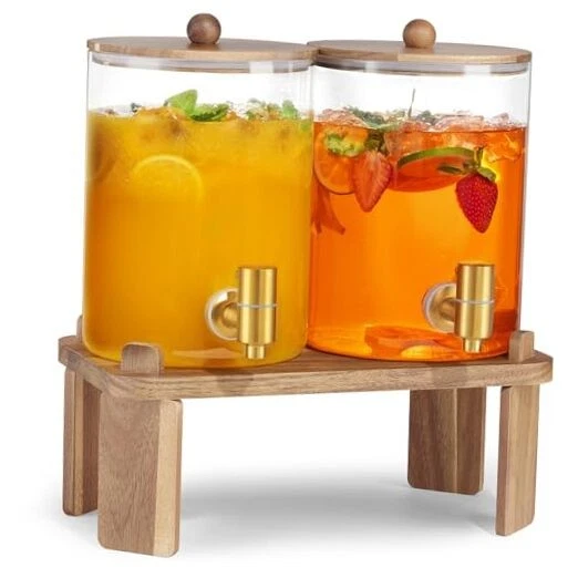 2 PCS 1 Gallon Drink dispenser, Glass Beverage Dispenser With Wood Stand,