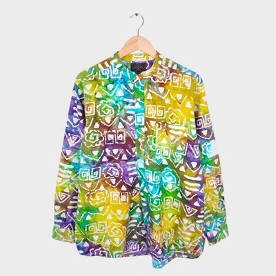 BEAMS PLUS Men's Made in Japan Batik Print Grandad Collar Vacation Shirt - L