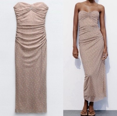 Zara Bodycon Dress Nude Polka Dot Ruching Below Knee Y2K SZ S