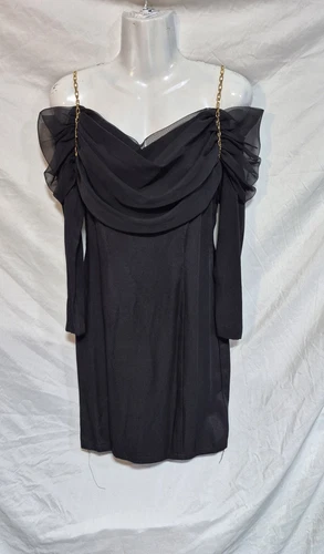 Vintage Lew Magram Cocktail Prom  Black Dress Cold Shoulder W/ Gold Chains Size4